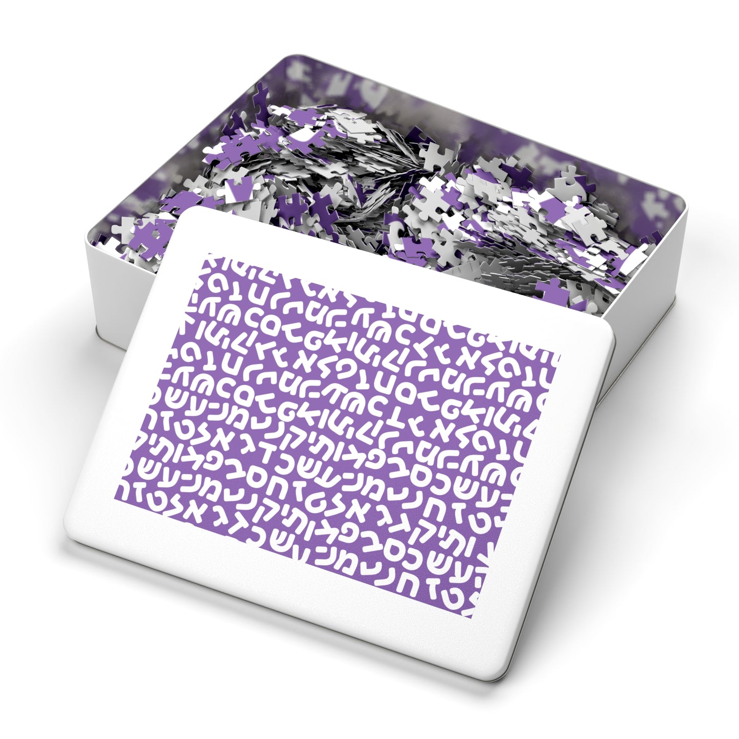 🧩 Jumbled Hebrew Letters Purple Jigsaw Puzzle with Collectible Tin