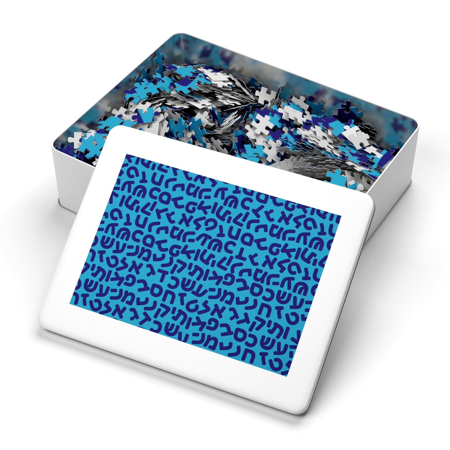 🧩 Jumbled Hebrew Letters Blue Jigsaw Puzzle with Collectible Tin