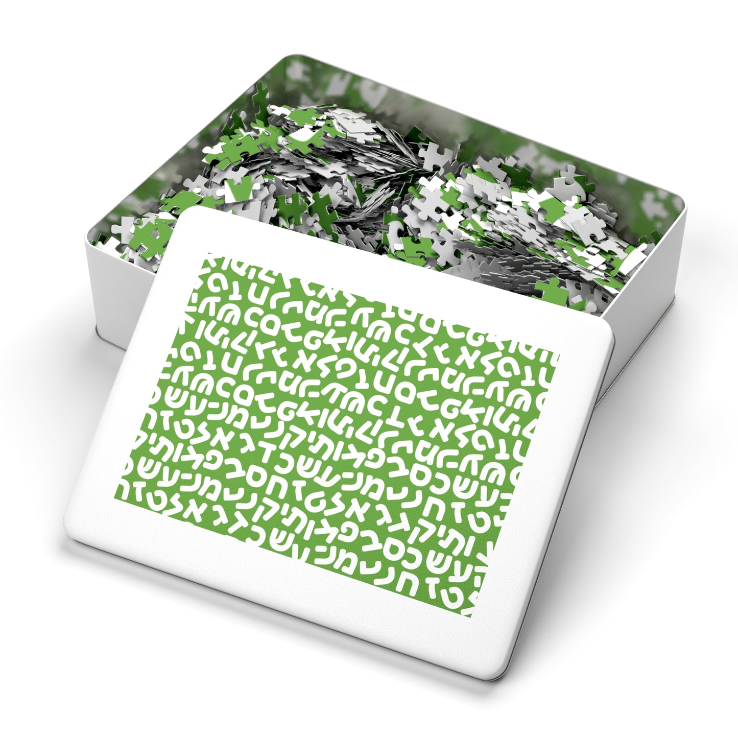 🧩 Jumbled Hebrew Letters Green Jigsaw Puzzle with Collectible Tin