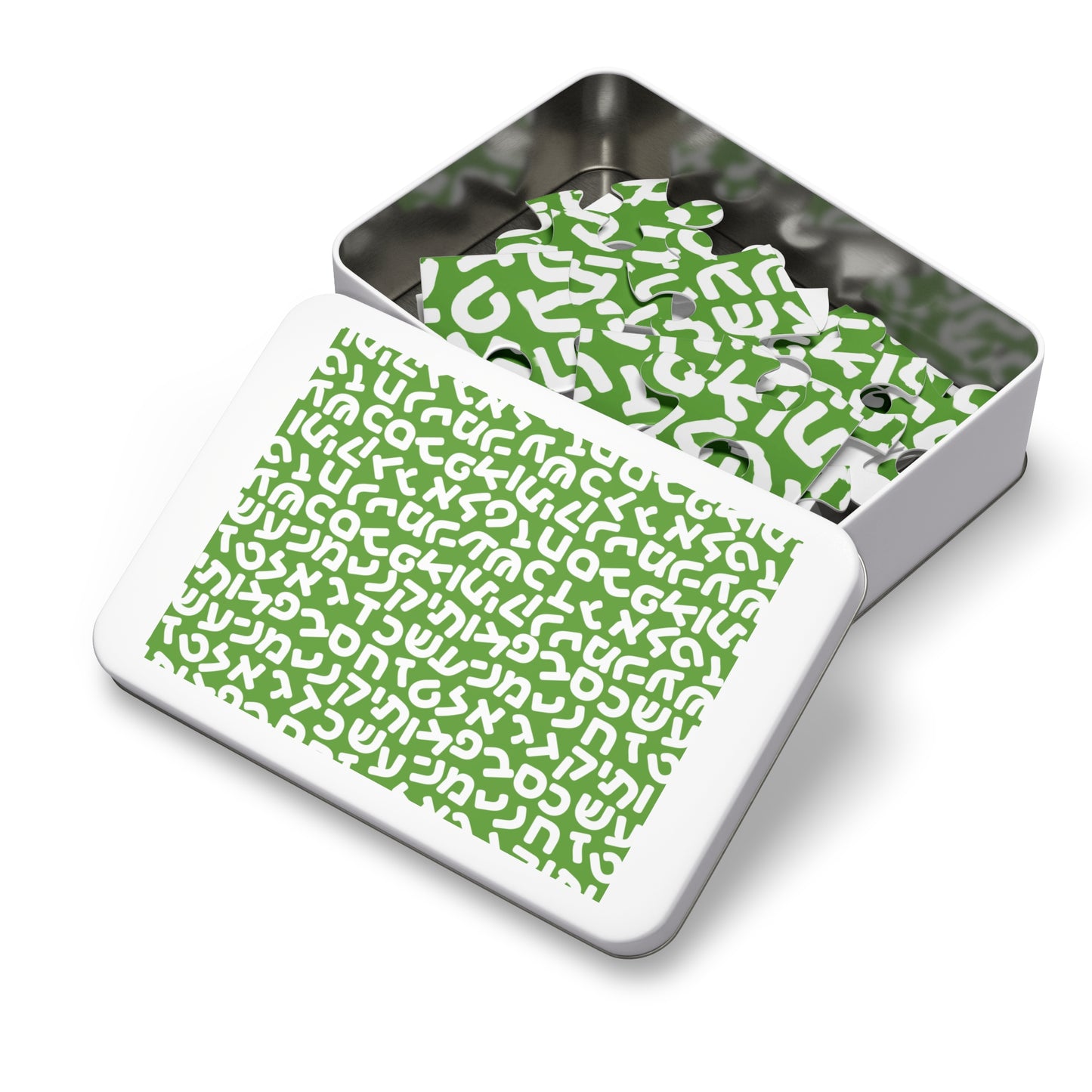 🧩 Jumbled Hebrew Letters Green Jigsaw Puzzle with Collectible Tin
