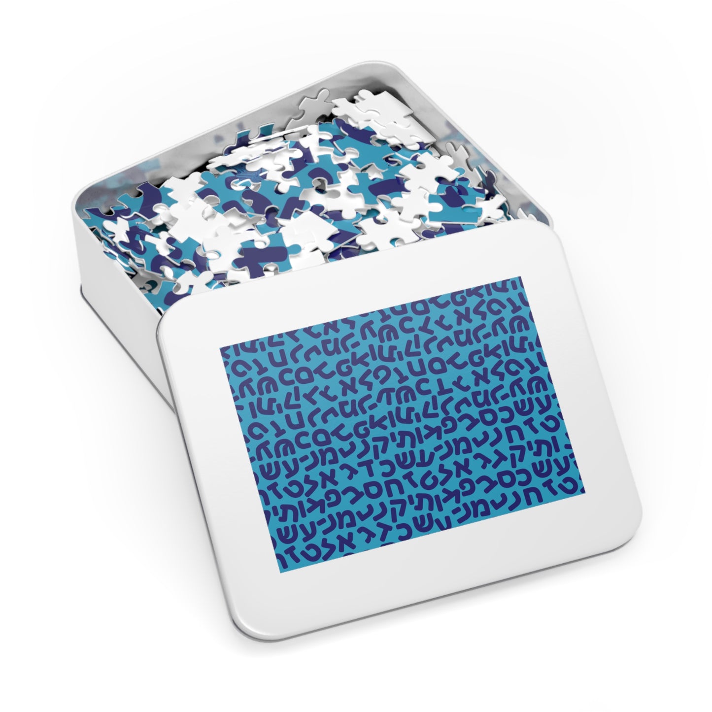 🧩 Jumbled Hebrew Letters Blue Jigsaw Puzzle with Collectible Tin