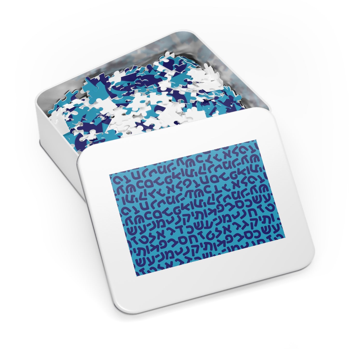 🧩 Jumbled Hebrew Letters Blue Jigsaw Puzzle with Collectible Tin