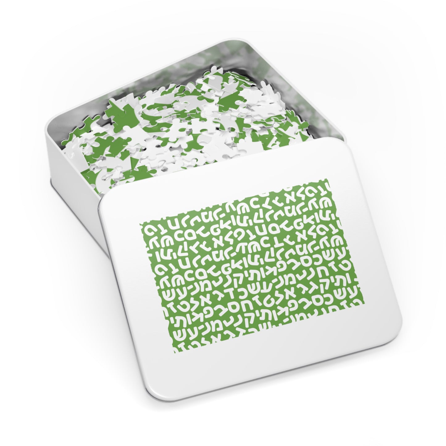 🧩 Jumbled Hebrew Letters Green Jigsaw Puzzle with Collectible Tin