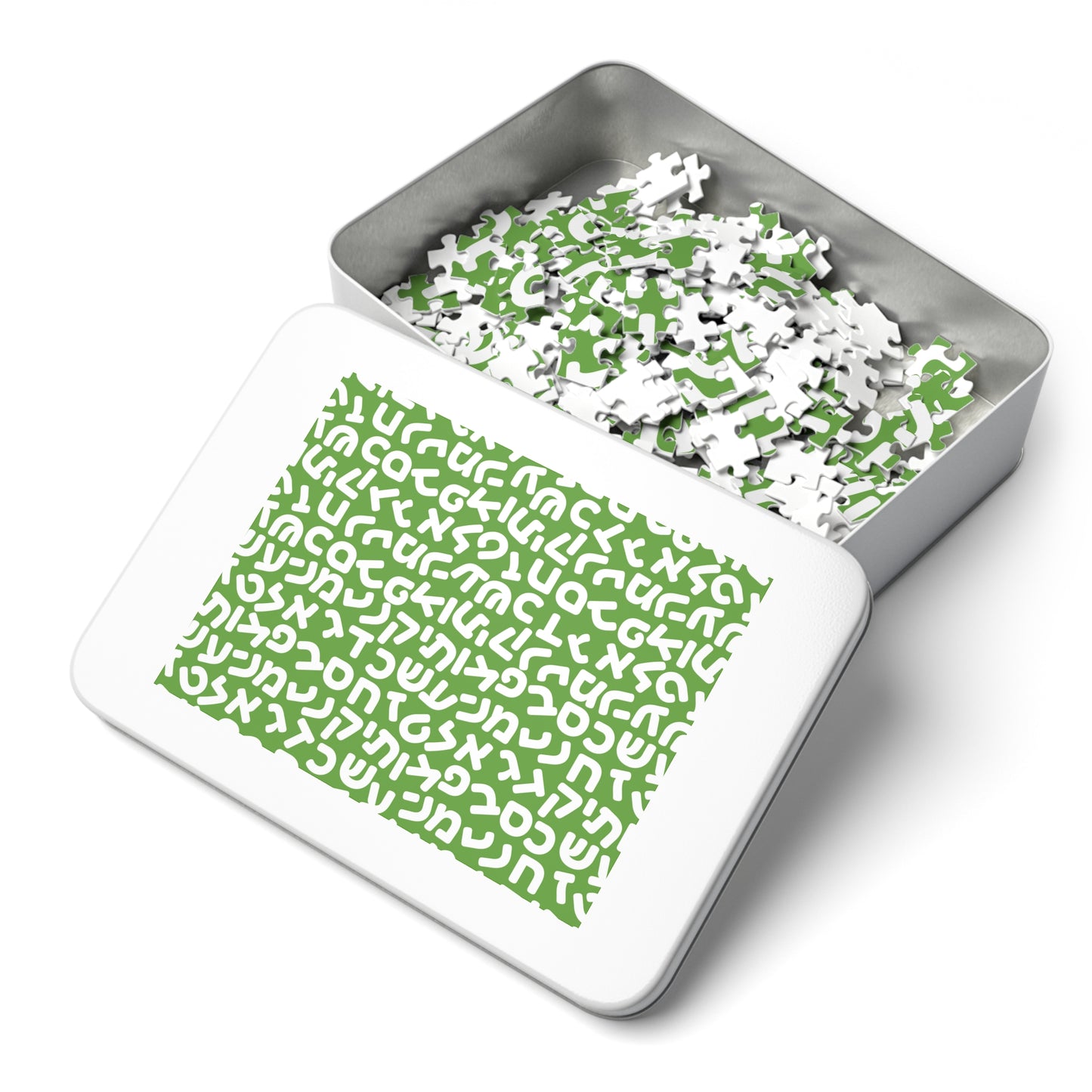 🧩 Jumbled Hebrew Letters Green Jigsaw Puzzle with Collectible Tin