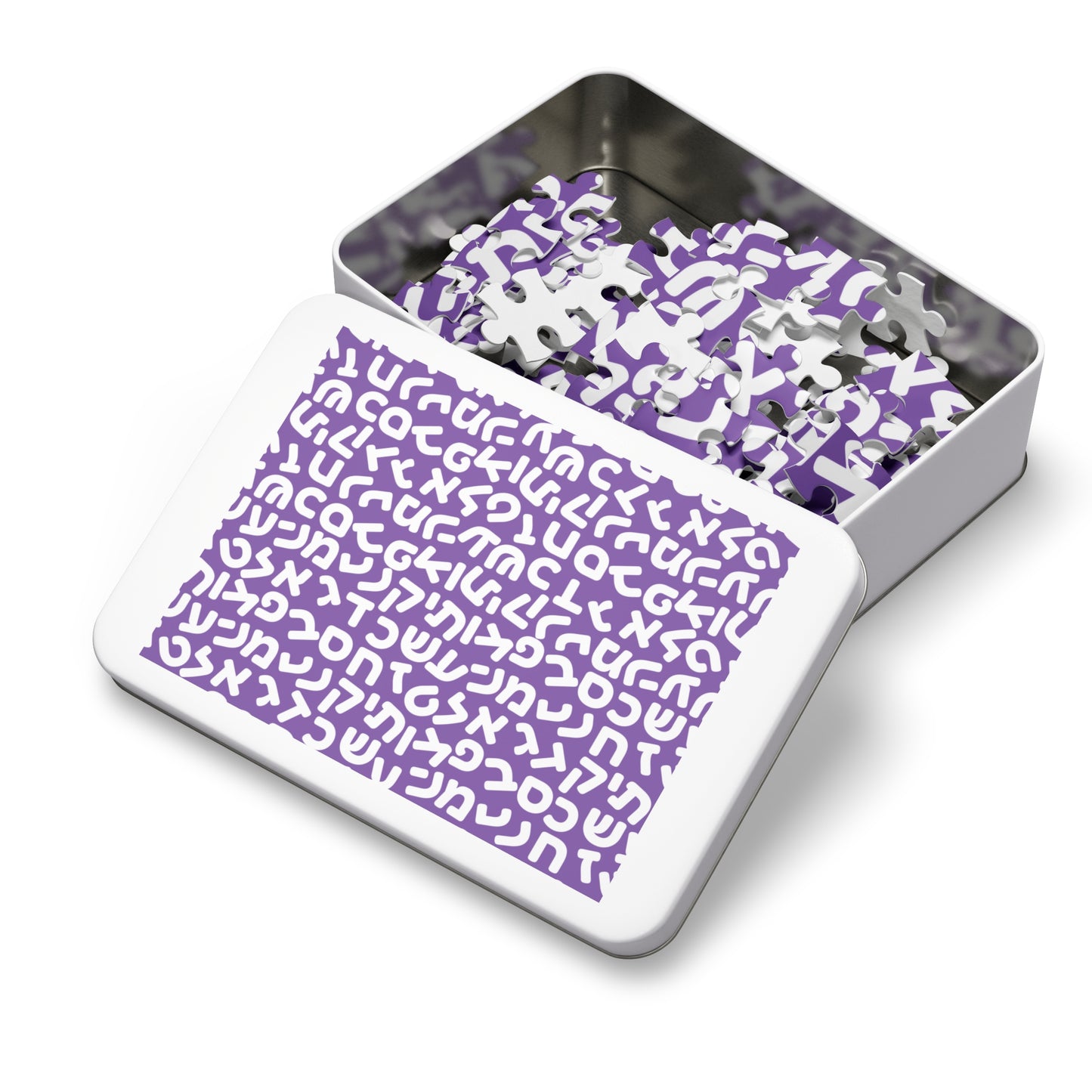 🧩 Jumbled Hebrew Letters Purple Jigsaw Puzzle with Collectible Tin