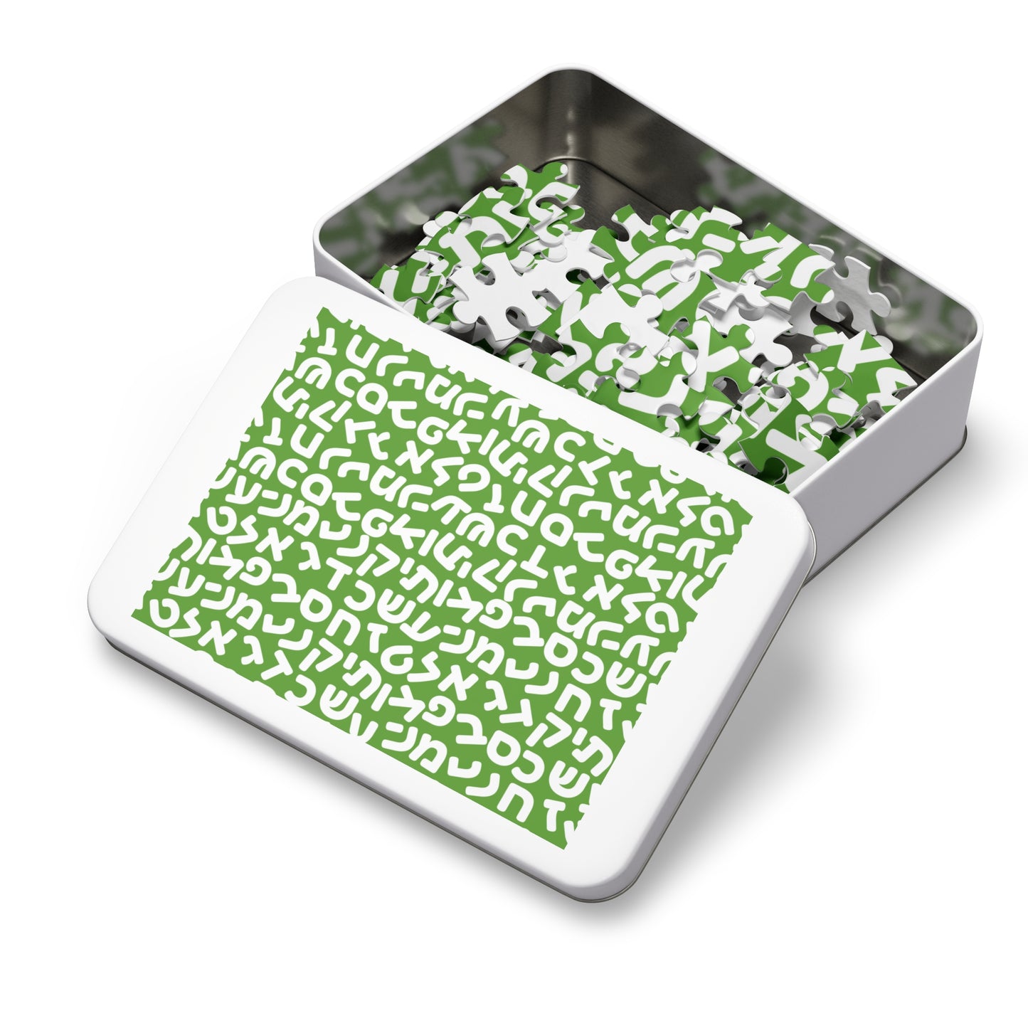 🧩 Jumbled Hebrew Letters Green Jigsaw Puzzle with Collectible Tin