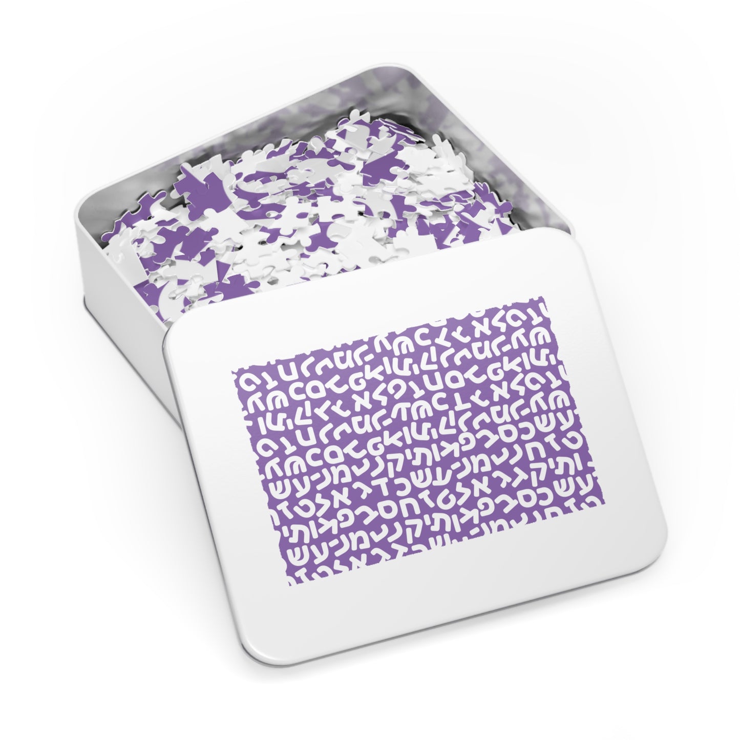 🧩 Jumbled Hebrew Letters Purple Jigsaw Puzzle with Collectible Tin