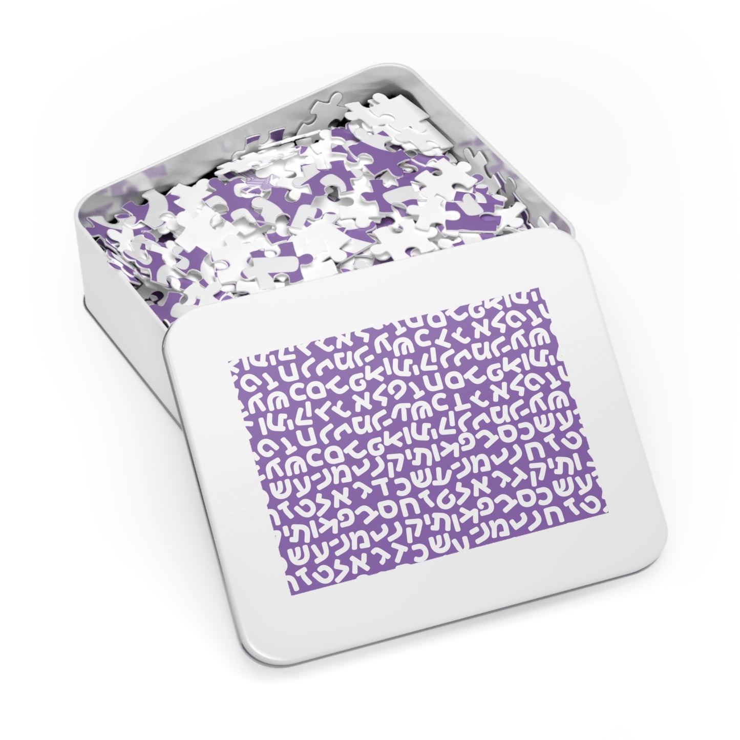 🧩 Jumbled Hebrew Letters Purple Jigsaw Puzzle with Collectible Tin