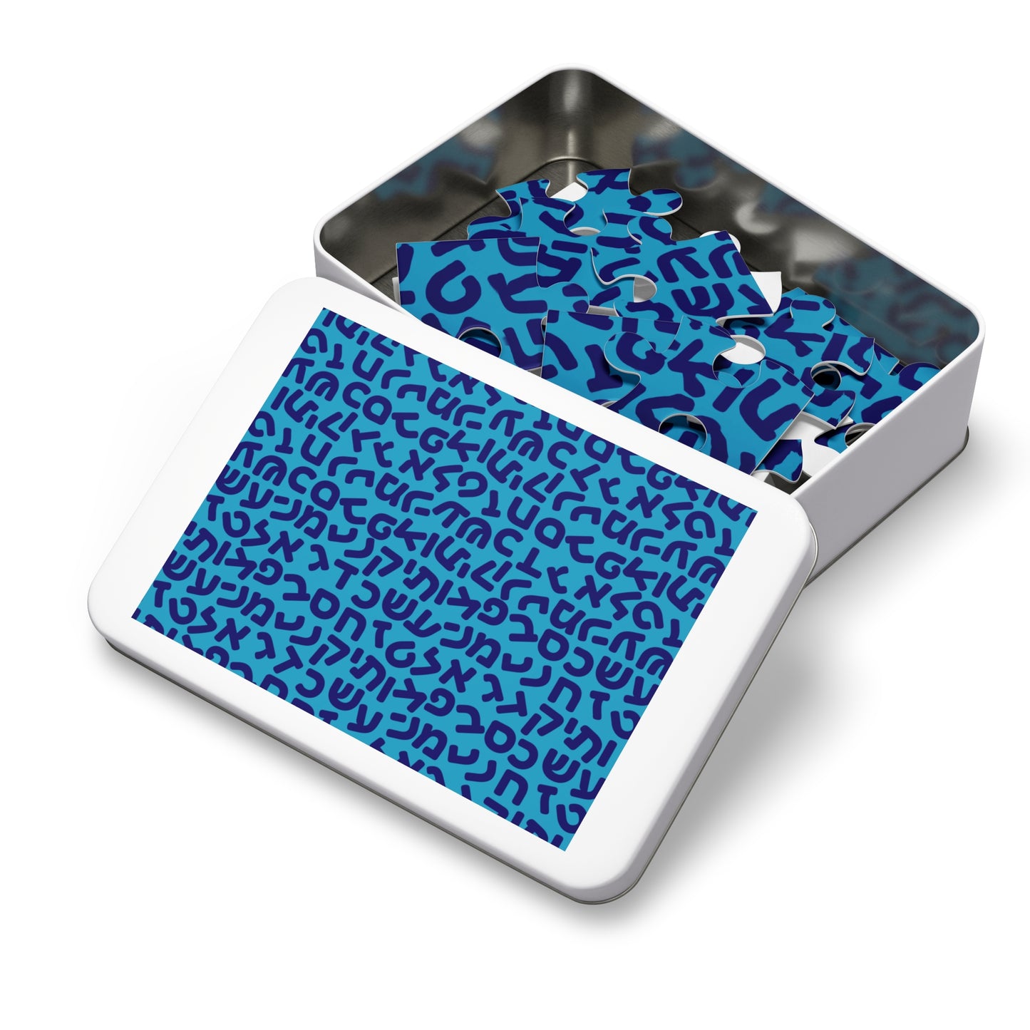 🧩 Jumbled Hebrew Letters Blue Jigsaw Puzzle with Collectible Tin