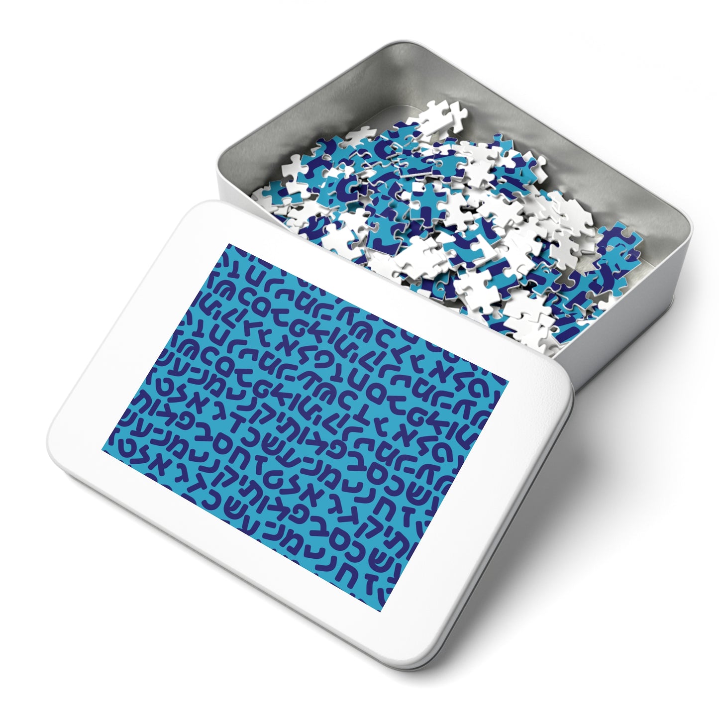 🧩 Jumbled Hebrew Letters Blue Jigsaw Puzzle with Collectible Tin